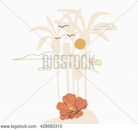 Hand Drawn Vector Abstract Stock Graphic Summer Time Cartoon, Minimalistic Illustrations Scene, With