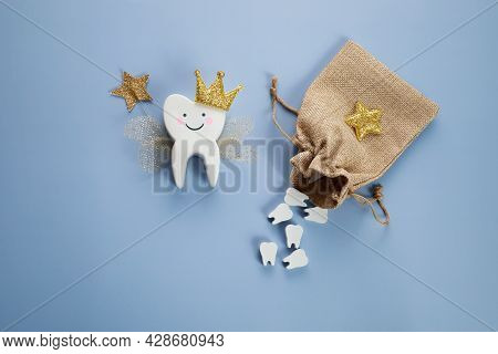 National Tooth Fairy Day. Children Tooth Fairy. Cute Tooth With Wings, A Crown And A Magic Wand And 