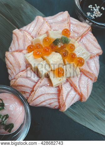 A Salmon Don (salmon Sashimi With Rice). Top View