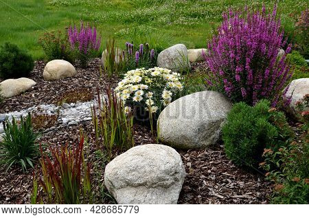 Ornamental Flower Bed With Perennial Pine Gray Granite Boulders, Mulched Bark And Pebbles In An Urba
