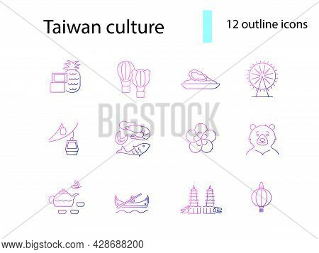 Taiwanese National Customs Outline Icons Set. Taiwanese Seafood, Oyster And Tea. Oriental Specialty.