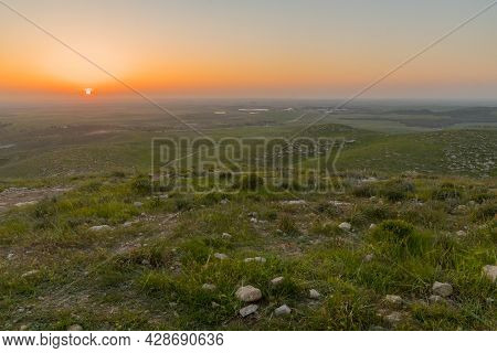 Sunset View Of Countryside And Rural Landscape From The Gaat Hill, Near Lahav, In The Negev Desert, 