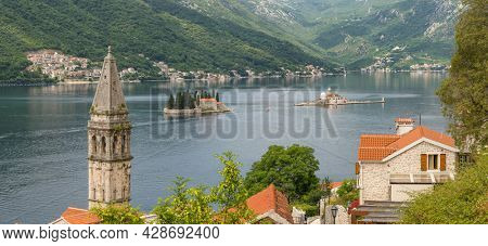 Picturesque Perast Village in Kotor Bay, Montenegro. Historic buildings of Perast in the Bay of Kotor in summer.