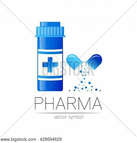 Medicine Jar Vector Logo For Pharmaceutical Ndustry Symbol Medical Bottle In Flat Style Pill Design 