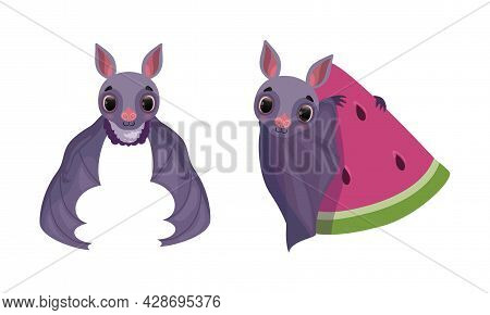 Funny Purple Bat With Cute Snout Flying And Holding Watermelon Vector Set