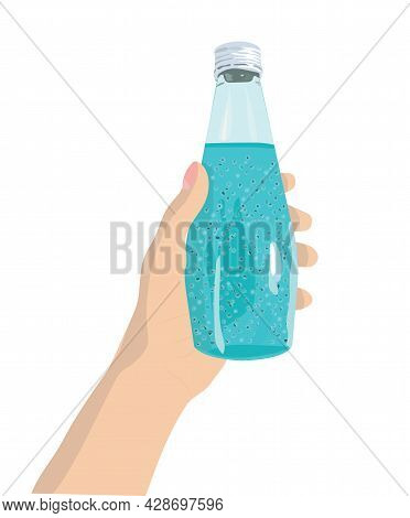 Bottle With A Blue Drink In Hand. Vector Stock Illustration.