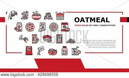 Oatmeal Nutrition Landing Web Page Header Banner Template Vector. Oat And Flour Bag, Cookies And Mil