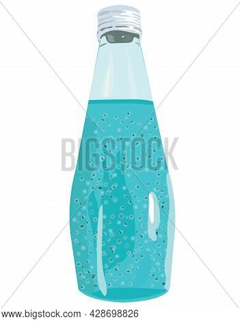 Blue Drink With Basil Seeds In A Glass Bottle With A Metal Screw Cap. Vector Stock Illustration Isol