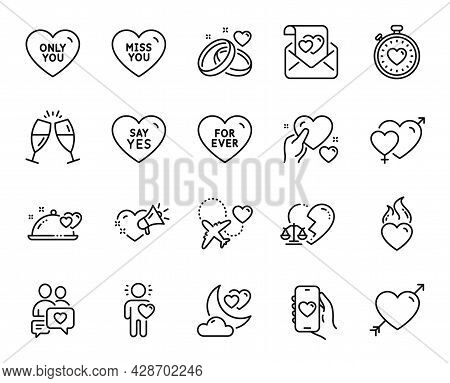 Vector Set Of Love, Dating Chat And Say Yes Line Icons Set. Miss You, Divorce Lawyer And Love Letter