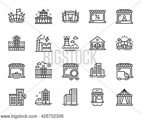 Vector Set Of Delivery Truck, Arena Stadium And Loan House Line Icons Set. Circus, Arena And Buildin
