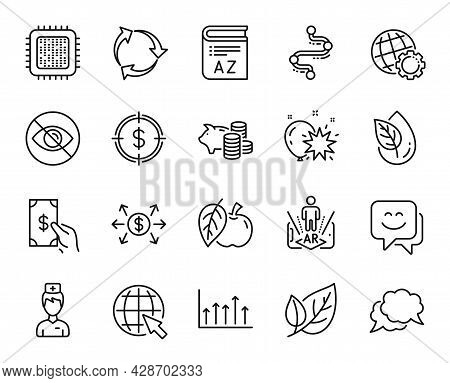 Vector Set Of Recycle, Internet And Cpu Processor Line Icons Set. Leaf, Doctor And Dollar Target Ico