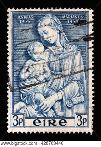 ZAGREB, CROATIA - SEPTEMBER 09, 2014: A stamp printed in Ireland shows Madonna by della Robbia, Marian Year, 1953-54, circa 1954