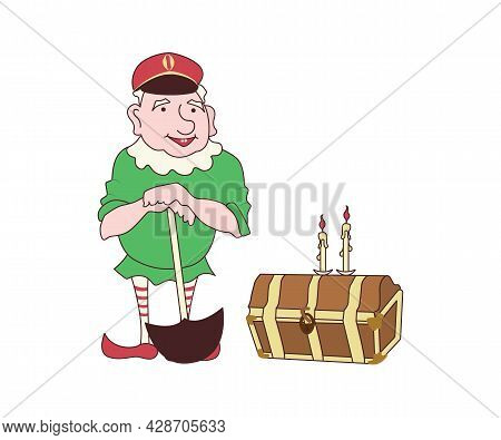 Funny Cute Mythological Gnome With A Shovel Found A Treasure Chest