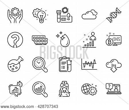 Vector Set Of Chemistry Lab, Employee Hand And Covid Test Line Icons Set. Vaccination, Seo Analysis 