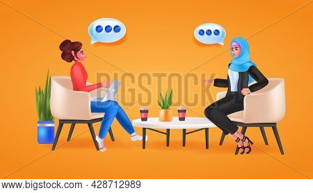 Businesswomen Discussing During Meeting Chat Bubble Communication Concept Horizontal Full Length