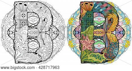 Hand-painted Art Design. Adult Anti-stress Coloring Page. Black And White Hand Drawn Illustration Ma