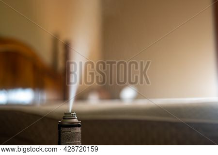 Selective Focus On Insect Insecticide Aerosol Can Fogger Used To Kill Bed Bugs, Spiders, Mites, Flie