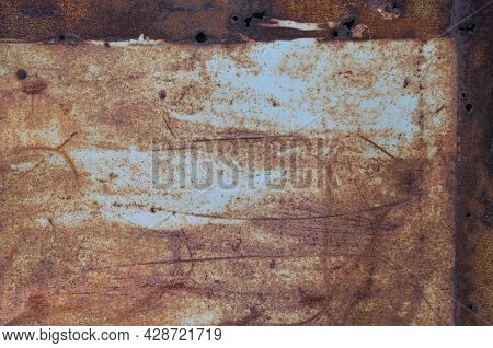 Old Light Blue Painted Grey Rusty Rustic Rust Iron Metal Frame Background Texture, Horizontal Aged D