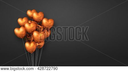 Copper Heart Shape Balloons Bunch On A Black Wall Background. Horizontal Banner. 3d Illustration Ren