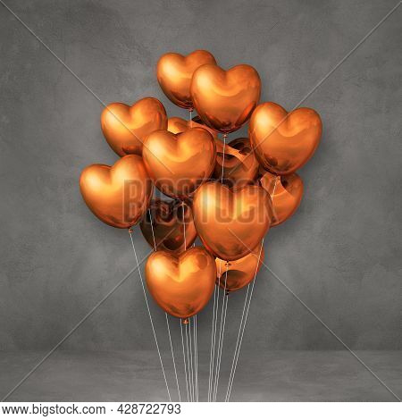 Copper Heart Shape Balloons Bunch On A Grey Wall Background. 3d Illustration Render