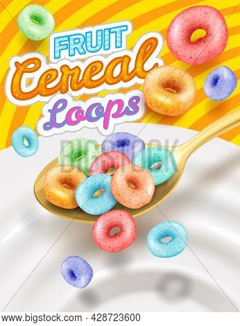 Fast Breakfast - Round Colored Cereals Flakes Falling Into Milk From Spoon, Product Packaging Mockup
