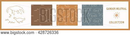 Seamless Background Plesiosaurus Dinosaur Set Of 3 Patterns With Motif. Whimsical Minimal Earthy 2 T