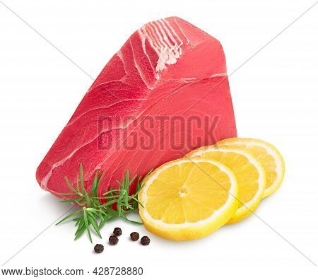 Fresh Tuna Fish Fillet Steak With Rosemary, Lemon And Peppercorns Isolated On White Background With 
