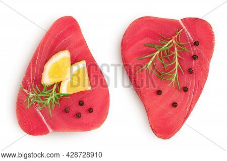 Fresh Tuna Fish Fillet Steak With Rosemary, Lemon And Peppercorns Isolated On White Background With 