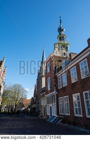 City View On Old Medieval Houses In Small Historical Town Veere In Netherlands, Province Zeeland
