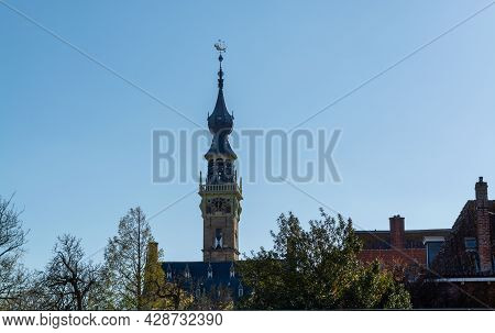 City View On Old Medieval Houses In Small Historical Town Veere In Netherlands, Province Zeeland