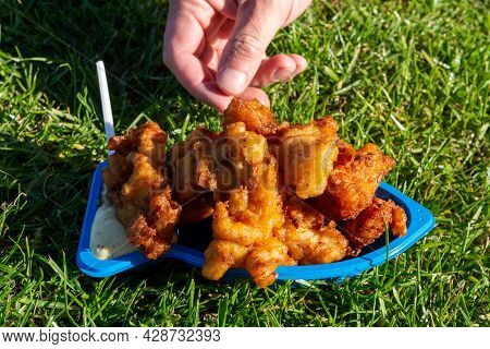 Portion Of Diep-fried Cod Fish Pieces Served With Remoulade Sauce