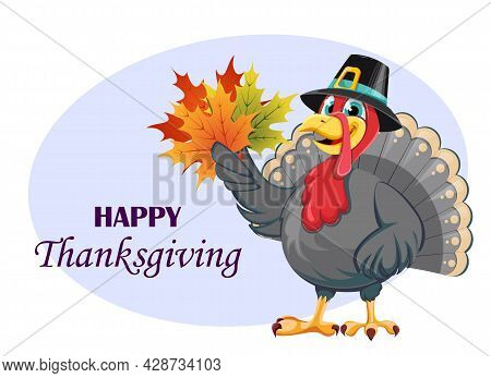 Happy Thanksgiving Day Greeting Card. Funny Cartoon Character Turkey Bird In Pilgrim Hat Holding Map