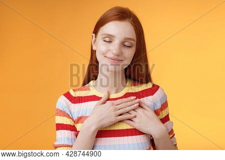 Heart Keeps Warm Save Dearest Memories Inside. Smiling Tender Heartwarming Redhead Lovely Girl Touch