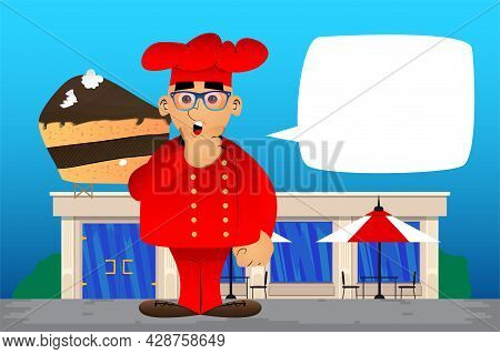 Fat Male Cartoon Chef In Uniform Thinking. Vector Illustration. Uncertain Cook, Baker.