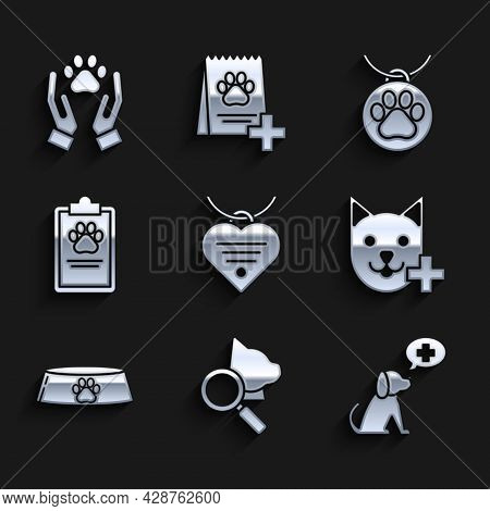 Set Collar With Name Tag And Heart, Veterinary Clinic Symbol, Pet Food Bowl For Cat Or Dog, Clipboar