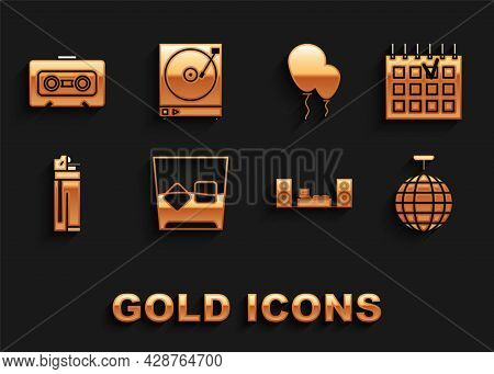 Set Glass Of Whiskey And Ice Cubes, Detailed Calendar, Disco Ball, Home Stereo With Two Speakers, Li