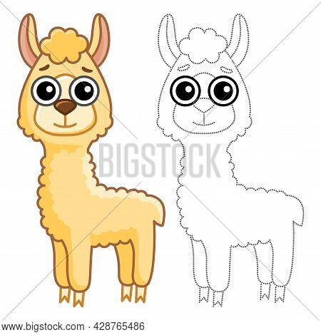 Coloring Animal For Children Coloring Book. Funny Alpaka In A Cartoon Style. Trace The Dots And Colo