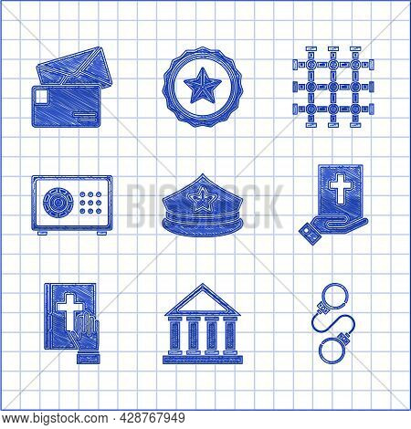 Set Police Cap With Cockade, Courthouse Building, Handcuffs, Oath On The Holy Bible, Safe, Prison Wi