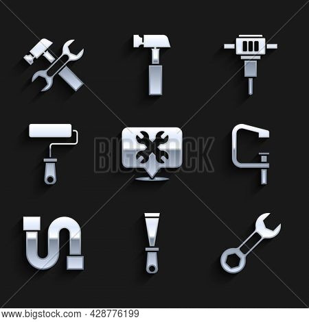 Set Location With Wrench, Putty Knife, Wrench Spanner, Clamp And Screw Tool, Industry Pipe, Paint Ro