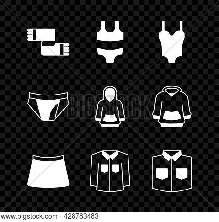 Set Winter Scarf, Swimsuit, Skirt, Shirt, Men Underpants And Hoodie Icon. Vector