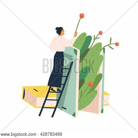 Person With Book On Botany. Student Studying Academic Literature And Textbooks About Plants. Botanis