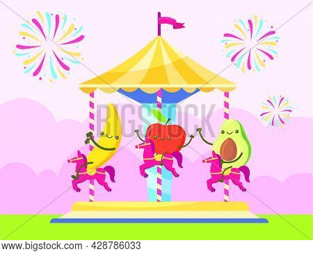 Banana, Apple And Avocado Characters Riding On Chairoplane. Happy Fruits Having Fun On Party Vector 