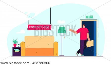 Businessman Leaving Comfort Zone Flat Vector Illustration. Office Worker On Way Of Changing Lifestyl