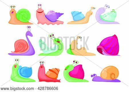 Cartoon Set Of Colorful Snail Characters Vector Illustration. Slimy Cute Slugs, Sleeping And Smiling