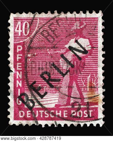 ZAGREB, CROATIA - SEPTEMBER 05, 2014: Stamp printed in Germany, Berlin in Black Overprint, American-British-Soviet Occupation (Trizone) shows Sower, circa 1948
