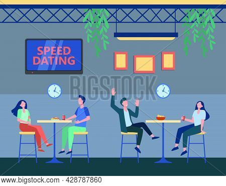 Couples In Cafe On Speed Dating Program. Cartoon Strangers Chatting, Clock With Timer Flat Vector Il