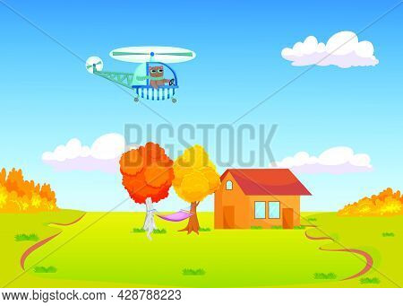 Cute Cartoon Cat Flying Helicopter Over Autumn Landscape. Animal In Scarf On Helicopter, Village In 