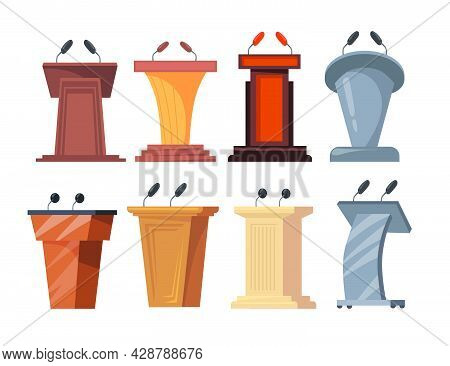 Different Tribunes With Microphones Vector Illustrations Set. Wooden Or Steel Podiums, Platforms Or 