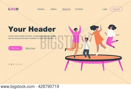 Happy Friends Jumping On Trampoline Flat Vector Illustration. Cartoon People Having Fun And Bouncing