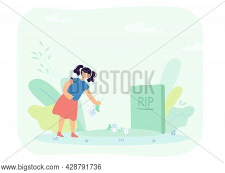 Little Girl Putting Flowers On Grave. Sad Orphan Character In Cemetery, Gravestone Flat Vector Illus